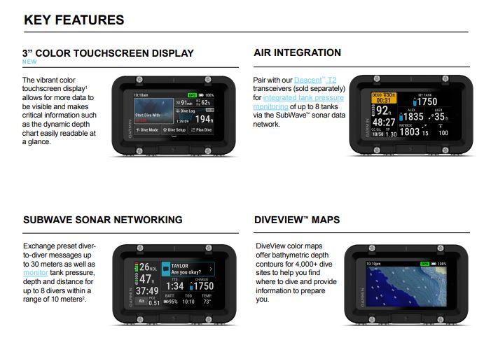 key features of garmin descent™ x50i dive computers